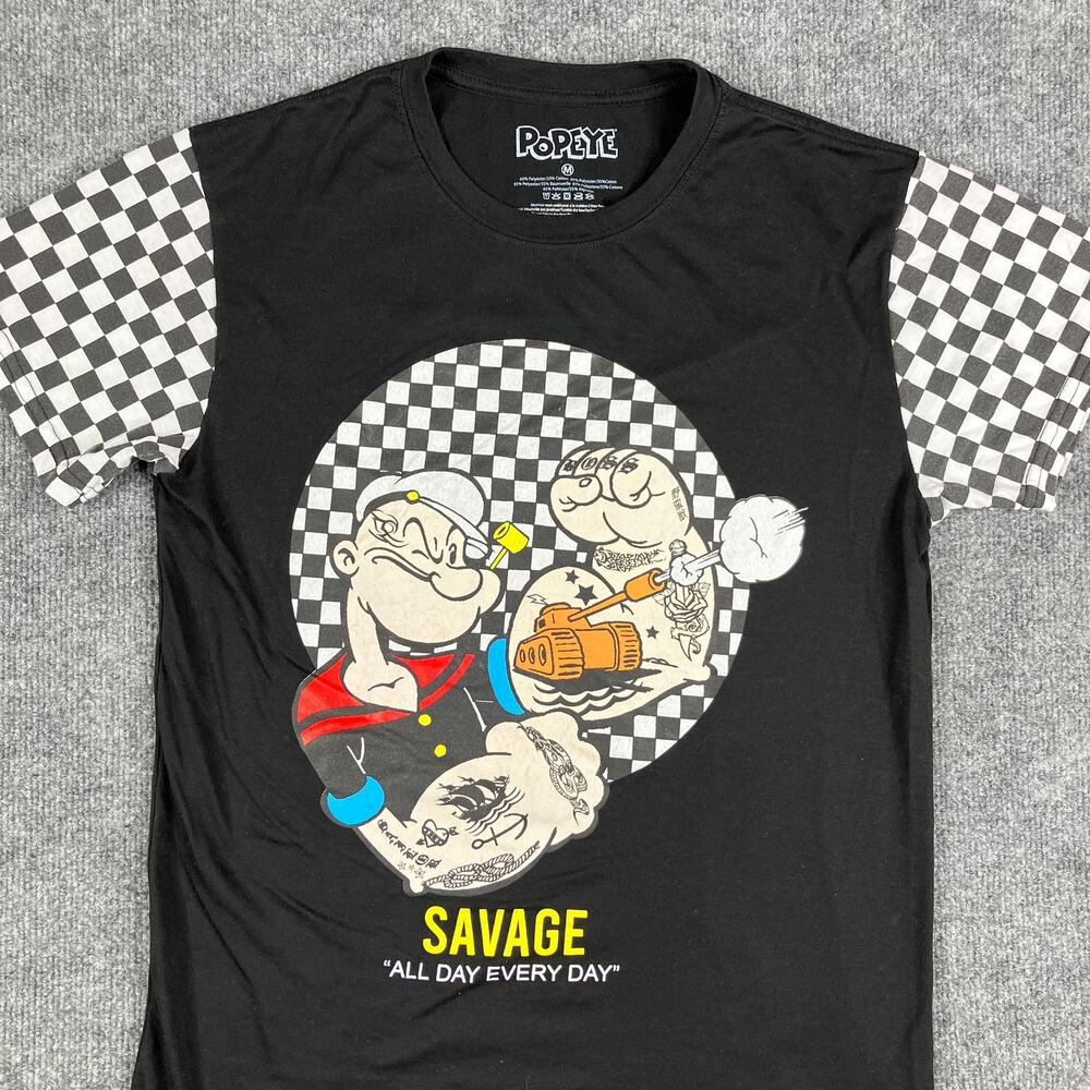 Popeye Graphic T-Shirt Mens Size M Black Checkered Sleeves Cartoon Savage Casual